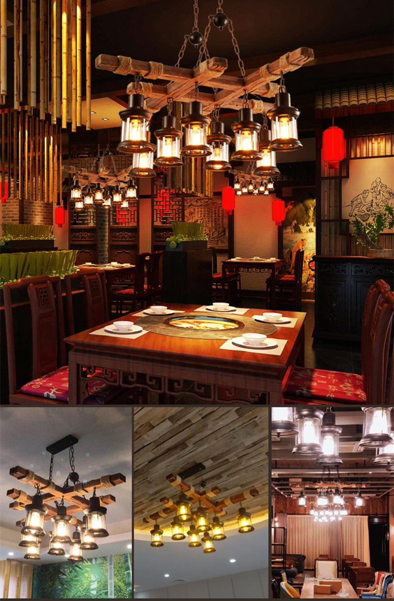 Antique Industrial Retro Wood LED Ceiling Chandelier