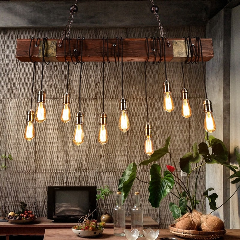 Antique Industrial Retro Wood LED Ceiling Chandelier