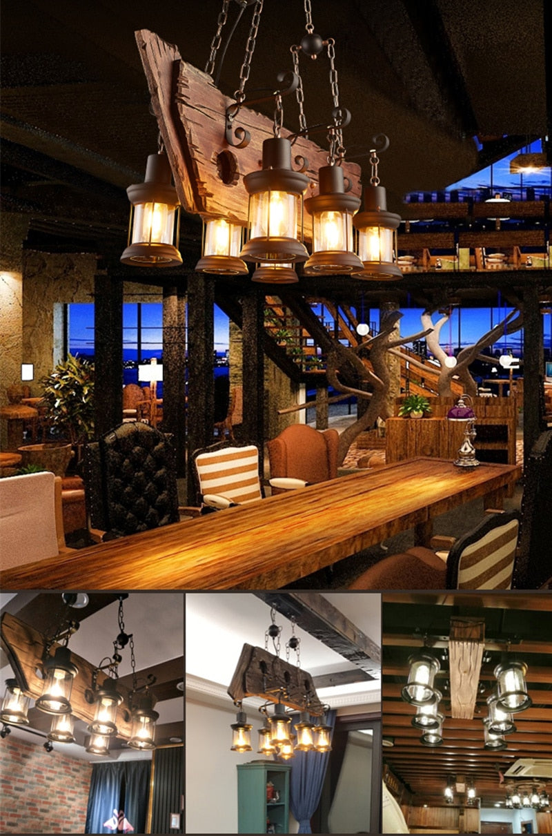 Antique Industrial Retro Wood LED Ceiling Chandelier