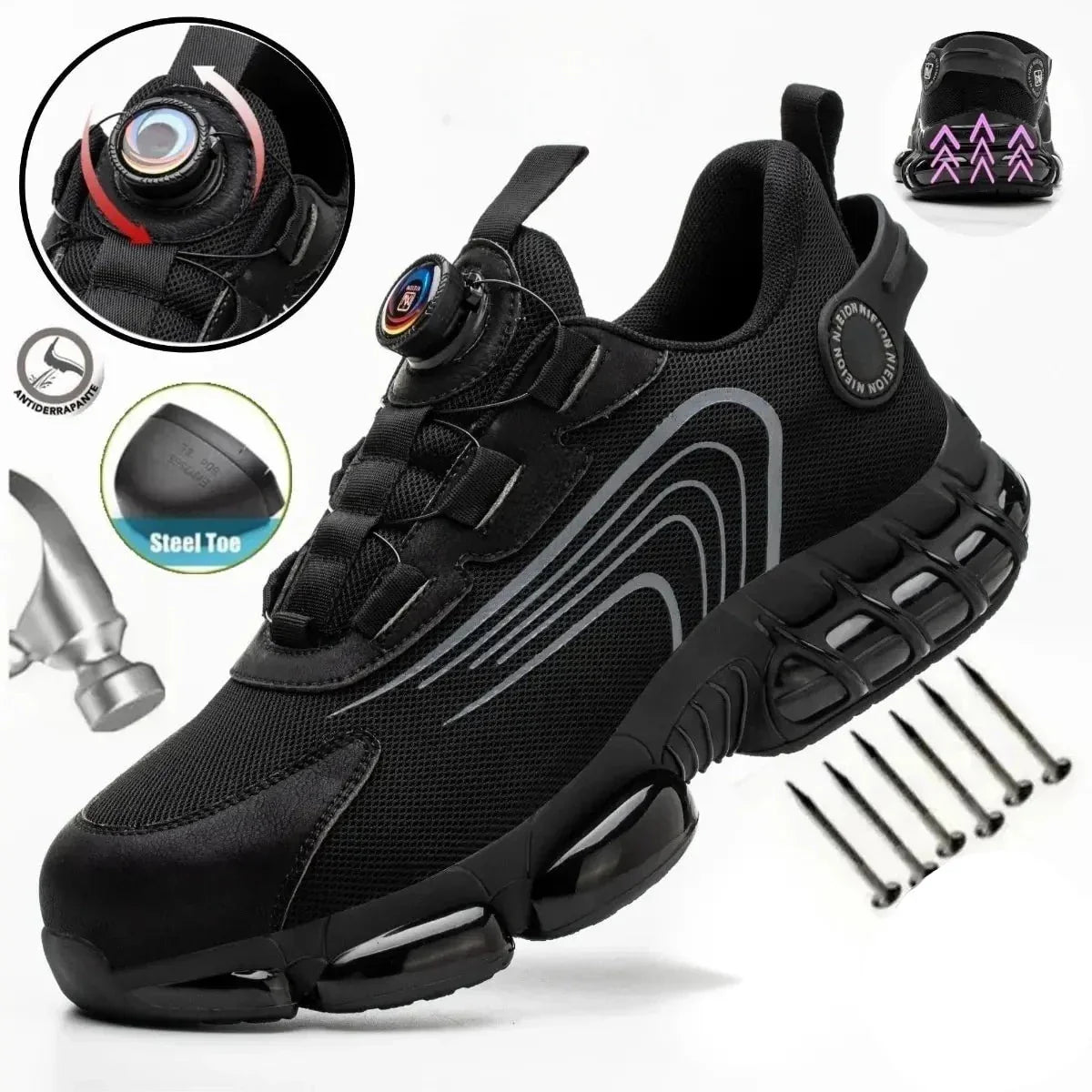 Black & Grey Rotary Buckle Work Sneakers Protective Safety Steel Toe Shoes