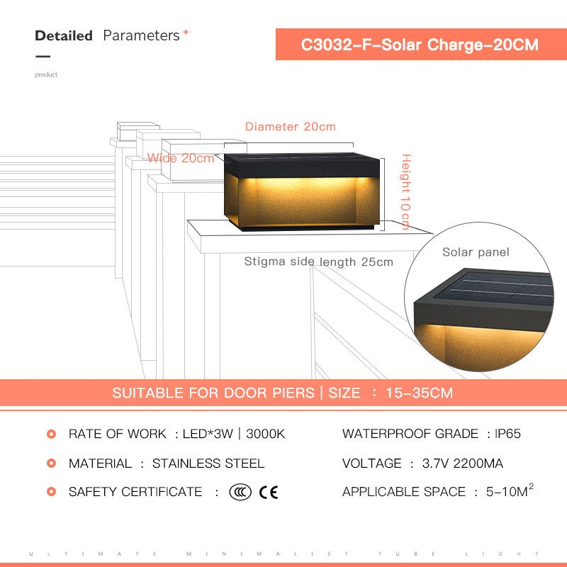Solar LED Garden Light Outdoor Column Head Light Waterproof Street Light Fence Cap