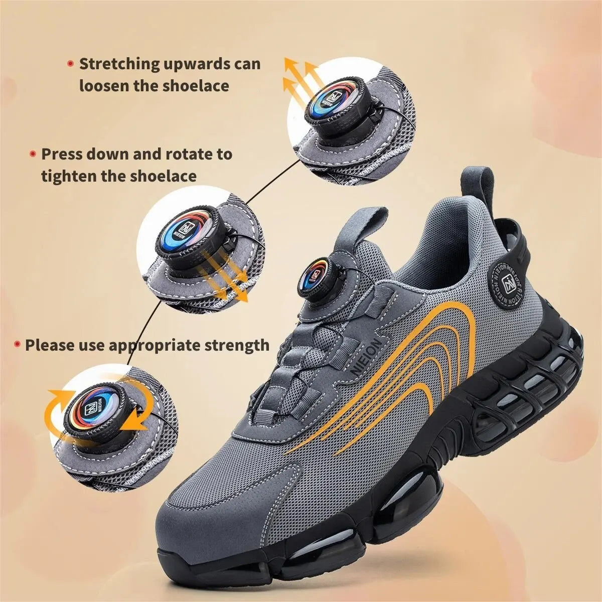 Black & Grey Rotary Buckle Work Sneakers Protective Safety Steel Toe Shoes