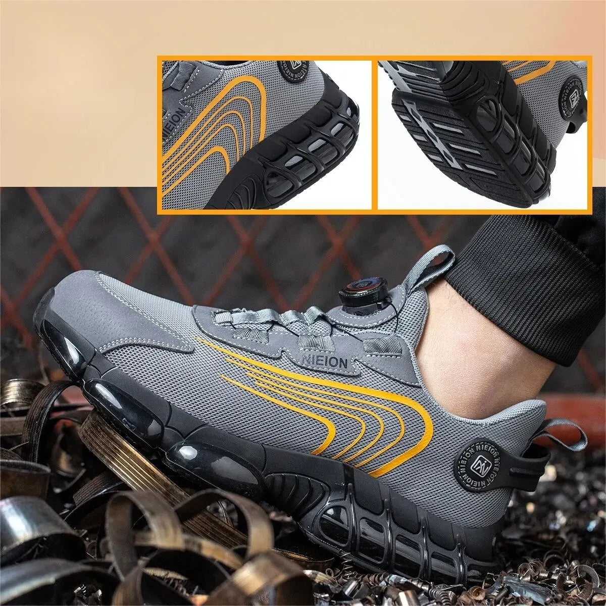 Black & Grey Rotary Buckle Work Sneakers Protective Safety Steel Toe Shoes