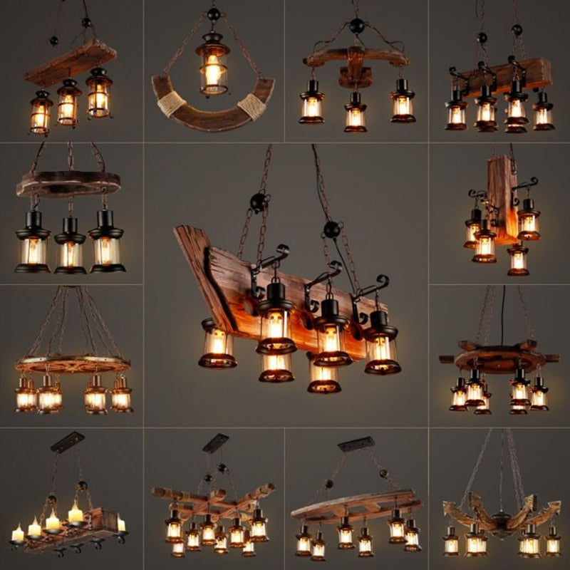 Antique Industrial Retro Wood LED Ceiling Chandelier