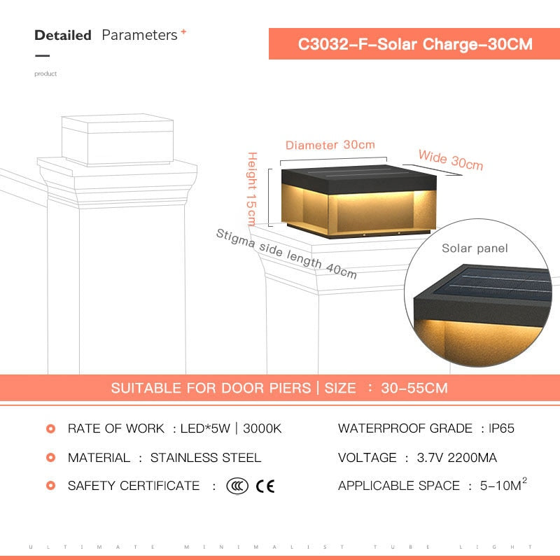 Solar LED Garden Light Outdoor Column Head Light Waterproof Street Light Fence Cap