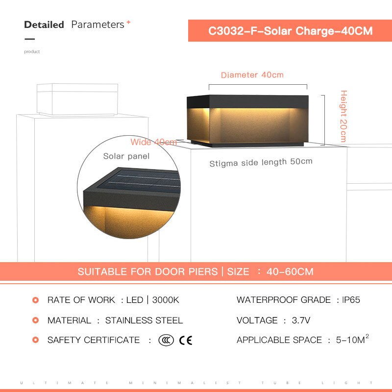 Solar LED Garden Light Outdoor Column Head Light Waterproof Street Light Fence Cap
