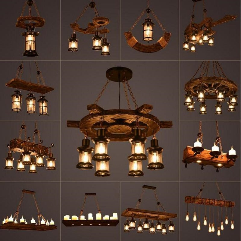 Antique Industrial Retro Wood LED Ceiling Chandelier