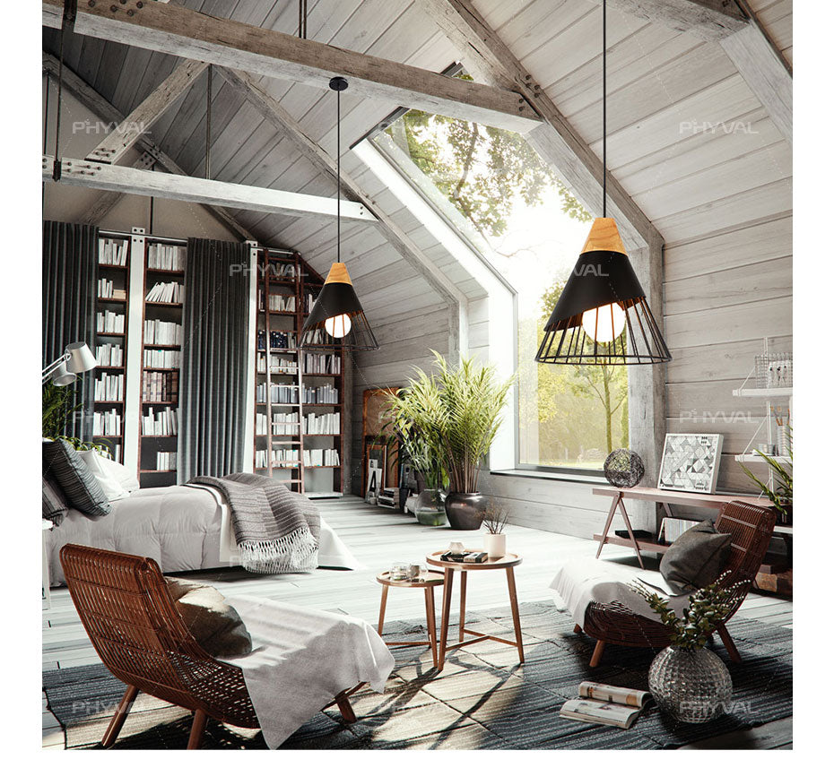 Wooden Base Iron Cage Hanging Nordic Lamp