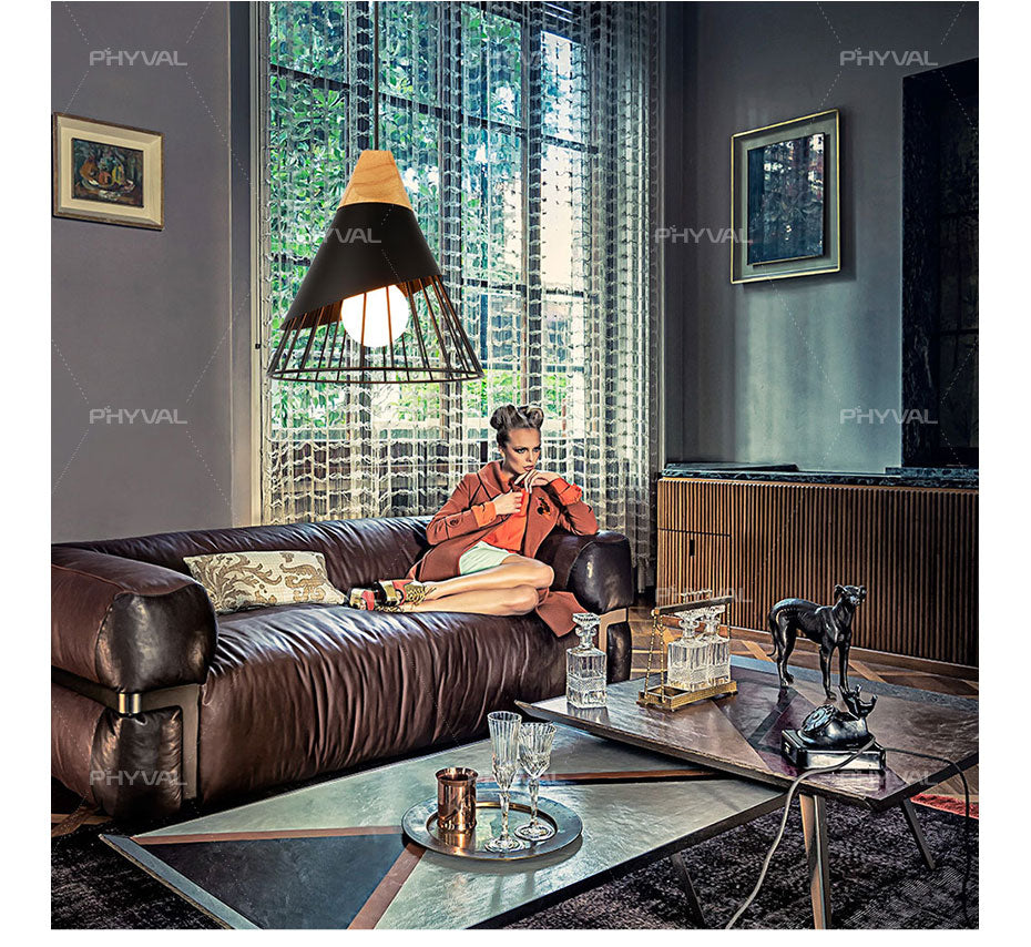 Wooden Base Iron Cage Hanging Nordic Lamp