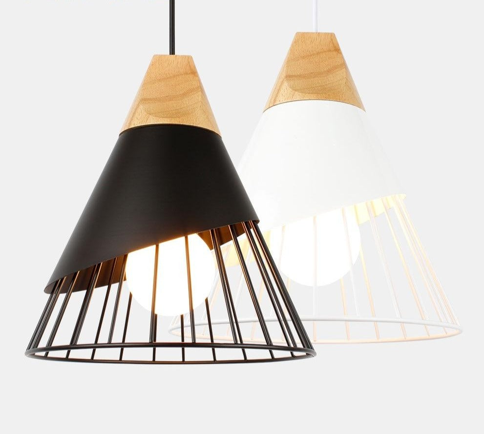 Wooden Base Iron Cage Hanging Nordic Lamp